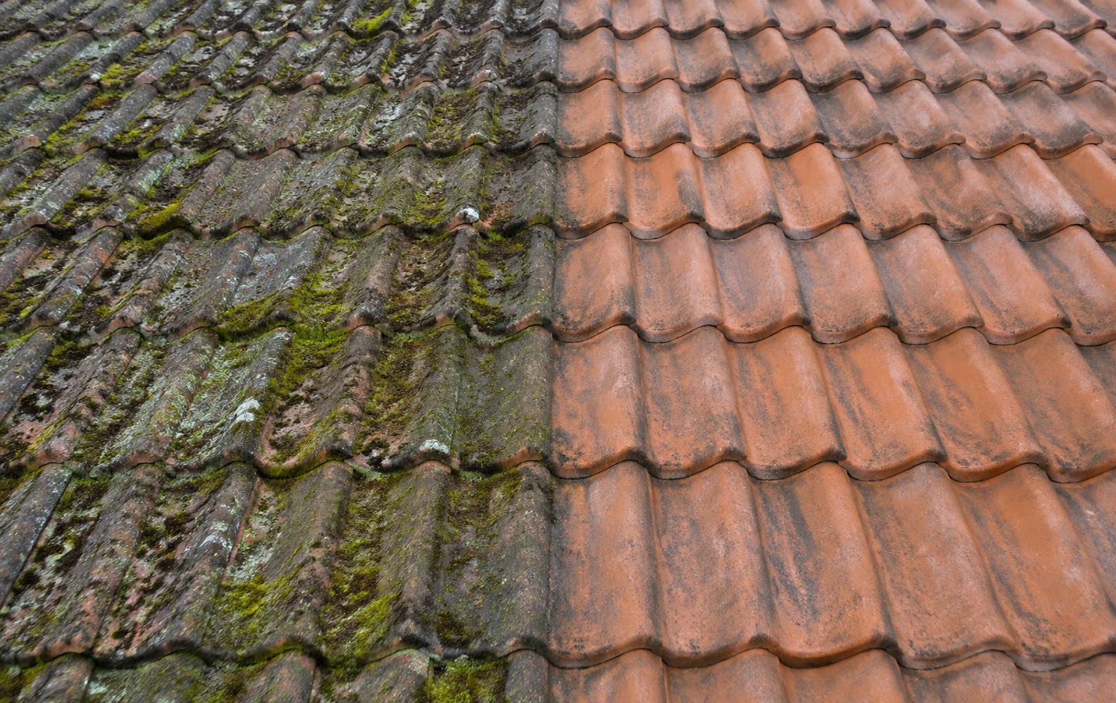 Voorbeeld van een dak voor en na schoonmaak